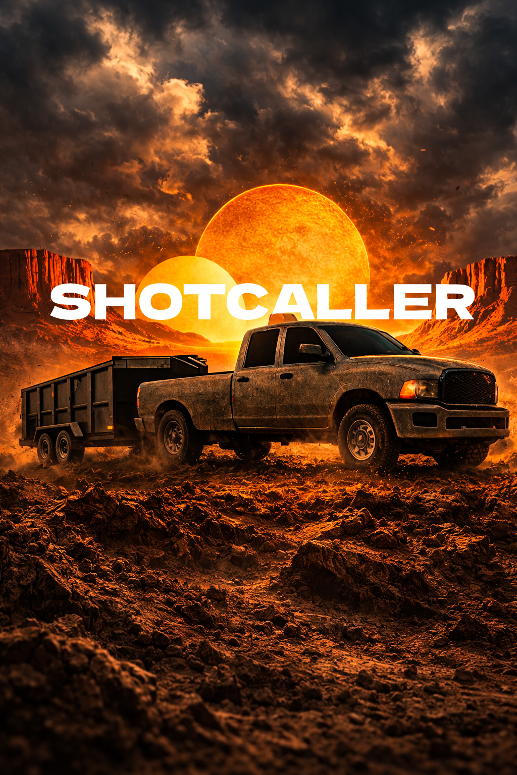 Truck and trailer in rugged desert landscape